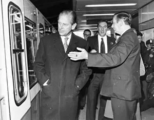 Images Dated 6th November 1981: Prince Philip, Duke of Edinburgh, boarding a metro train at Heworth Metro Station