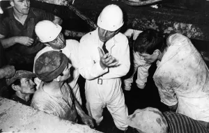 Tube Prints: Prince Philip, Duke of Edinburgh, chats to a group of workers on his visit to the tunnel