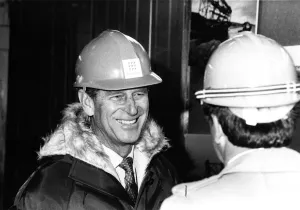 Prince Philip, Duke of Edinburgh, chatting to workers as he visits Press Production