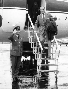 Saluting Prints: Prince Philip, Duke of Edinburgh, lands at Carlisle Airport. 27th April 1973