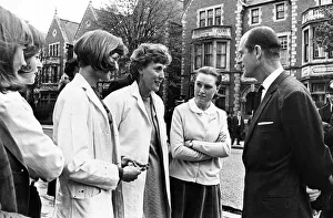 University Prints: Prince Philip, Duke of Edinburgh pauses to talk with these young ladies