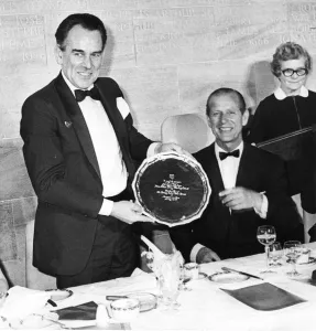 Prince Philip, Duke of Edinburgh, with Sir Lawrie Barratt at the Variety Club Ball in