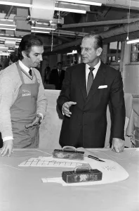 Prince Philip, Duke of Edinburgh visits the Jaguar assembly plant at Browns Lane