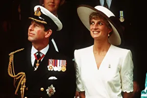 The Prince and Princess of Wales watch a flypast during the Gulf War celebrations