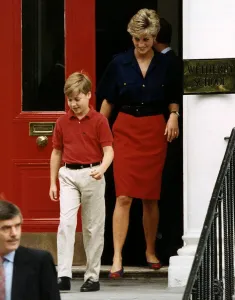 Prince William leaving Wetherby School followed by mother Princess Diana after having