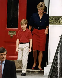Prince William leaving Wetherby School followed by mother Princess Diana after having