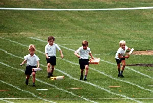 Monarchy Prints: Prince William at his school sports day at Richmond Sports Stadium taking part in an Egg
