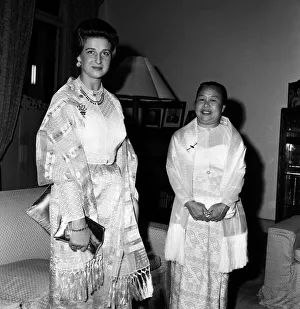 Princess Alexandra of Kent wearing a traditional Burmese costume at a private dinner in