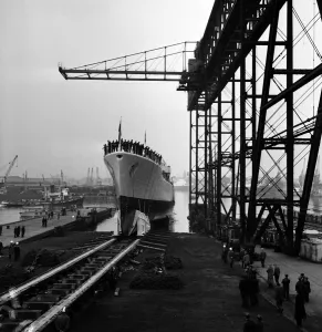 Princess Alexandra launches the ship Waikato at Harland and Wolff shipyard, Belfast