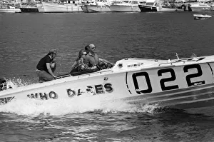 Princess Anne driving a speed boat called Who Dares around Monte Carlo Bay alongside