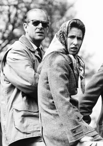 Head Scarf Prints: Princess Anne and her father Prince Philip watching the action at the Badminton horse