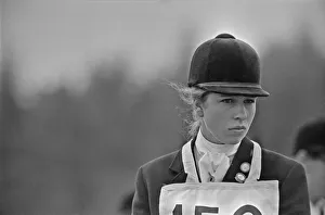 Princess Anne, The Princess Royal, competing in a showjumping event t Windsor Great Park