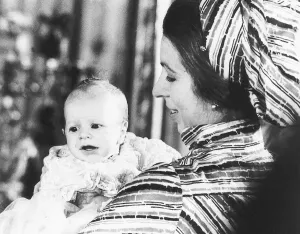 Head Scarf Prints: Princess Anne with her son Peter Phillips at his baptism at Buckingham Palace