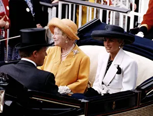 Princess Diana arriving at Ascot with the Queen Mother in an open carriage