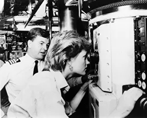 Observer Prints: Princess Diana on board HMS Trafalgar nuclear submarine during a visit to the naval