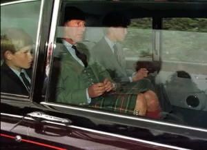 Princess Diana Death 31 August 1997 royal family leaving Crathie Kirk, Balmoral