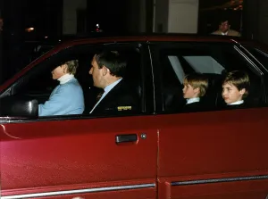 Princess Diana leaving Kensington Palace in car with Prince William and Prince Harry