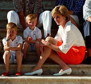 Princess Diana poses with her sons, Prince William and Prince Harry at a photocall