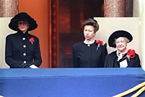Princess Diana and Princess Anne with Queen Mother on the balcony during Remembrance