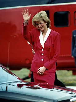 Princess Diana the Princess of Wales arrives in Bristol by helicopter to visit Ham Green