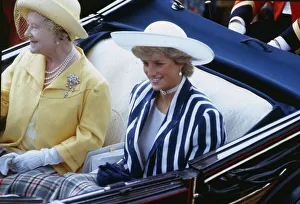 Princess Diana Princess of Wales J sitting in a coach at Ascot racecourse with the Queen