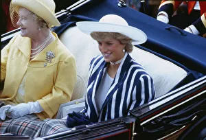 Princess Diana Princess of Wales sitting in a coach at Ascot racecourse with the Queen