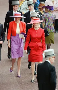 Princess Diana and Sarah Ferguson, the Duchess of York attend the first day of the Ascot