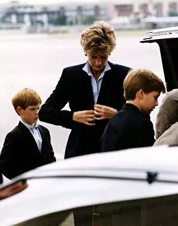 Images Dated 30th July 1993: Princess Diana with her sons Prince William and Prince Harry on their way to Scotland for