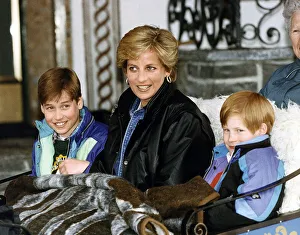 Brothers Prints: Princess Diana with her two sons Prince William and Prince Harry about to go on a sleigh