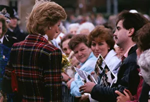 Princess Diana talking to crowds on a walkabout during a visit to Prestwick, Scotland