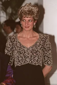 Princess Diana during a visit to India black dress with embroidered bodice tiara