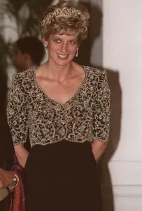 Princess Diana during a visit to India black dress with embroidered bodice tiara