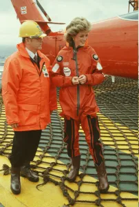 Princess Diana visits the BP Forties oil rig in the North Sea, west of Aberdeenshire