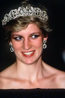 Overseas Prints: Princess Diana wearing a black dress and tiara attends at a banquet hosted by