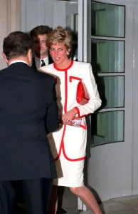 PRINCESS DIANA WEARING WHITE SUIT WITH RED TRIM MAY 1991 CODE
