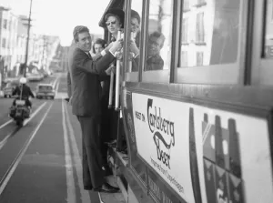 United States Of America Prints: Princess Margaret and Lord Snowdon ride a tram in San Francisco during their visit to