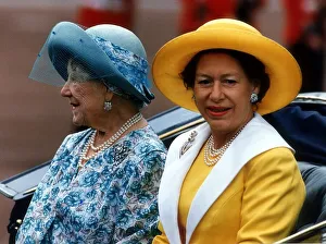 Princess Margaret and the Queen Mother June 1993 ride in an open carriage during