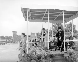 00192 Prints: Princess Margaret seen here reviewing the soldiers of the Suffolk Regiment July