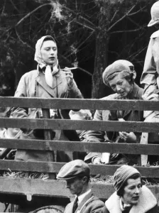Head Scarf Prints: Princess Margaret watching the Badminton Horse trials. 20th April 1959