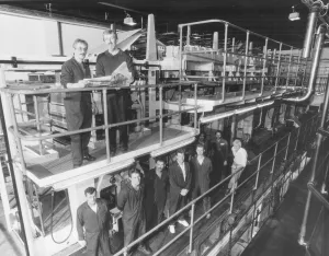 Newspapers Prints: Printers of the Herald Express in 1991 with the press which used to roll up to seven