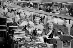 Production line at E. M. I. factory in Hayes Middlesex where the new Beatles LP Rubber Soul