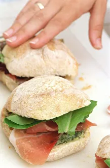 Prosciutto and rocket filled ciabatta bread rolls - August 1999, with fresh pesto