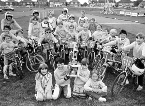 Teesside Supplement Prints: Proud as punch - these TV star BMX riders show off their latest trophy. 20th August 1986