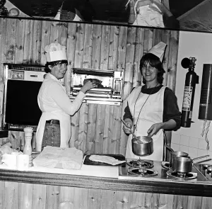 Kitchen Prints: Prudence Leith (also known as Prue Leith) pictured LEFT in the white shirt under her