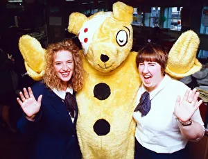Bear Prints: Pudsey Bear with Gazette staff Yvonne White and Lynn McMahon. 17th November 1992