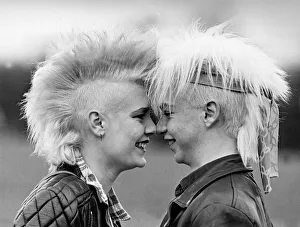 1980s Fashion Prints: Punks Wendy Darlow and boyfriend Martyn Hawden 1985 bleached Mohican haircuts