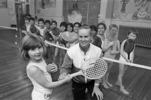 Pupils from Birkby Infant School, learn short tennis from Karen McLoughlin