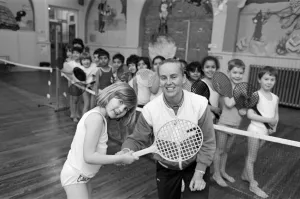 Pupils from Birkby Infant School, learn short tennis from Karen McLoughlin