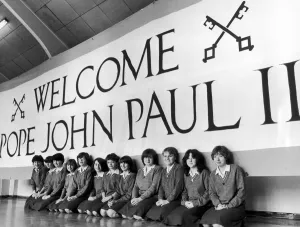 Overseas Prints: Pupils at Chorlton Convent School make Papal Banner ahead of Pope John Paul II Mass