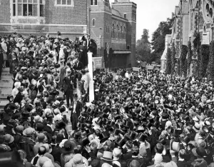 00089 Prints: Pupils of Harrow Public school cheer Mr Amery outside the school on Speech Day July